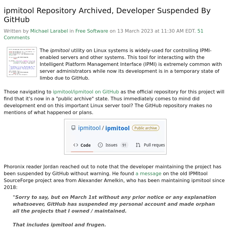 ipmitool Repository Archived, Developer Suspended By GitHub