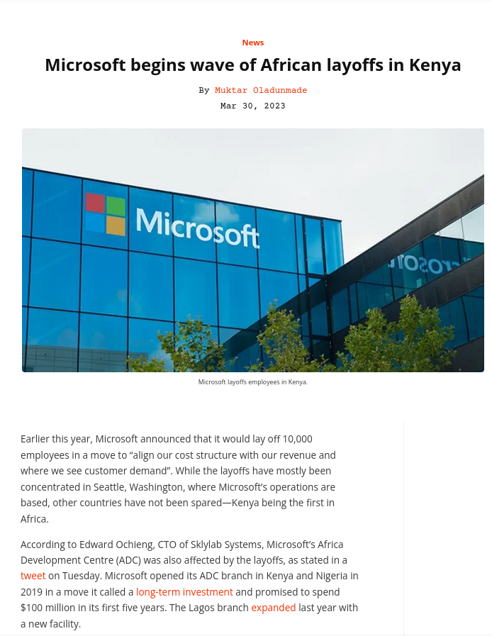 Microsoft begins wave of African layoffs in Kenya