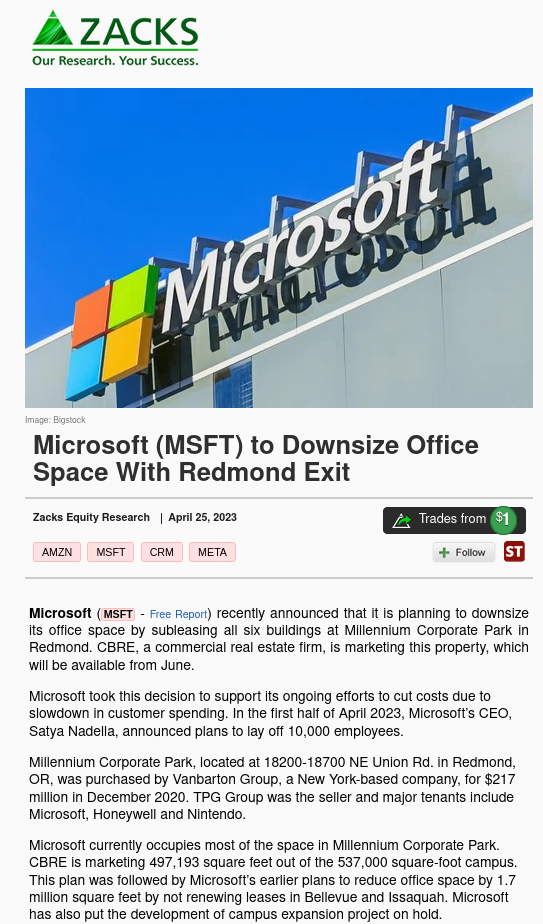 Microsoft (MSFT) to Downsize Office Space With Redmond Exit