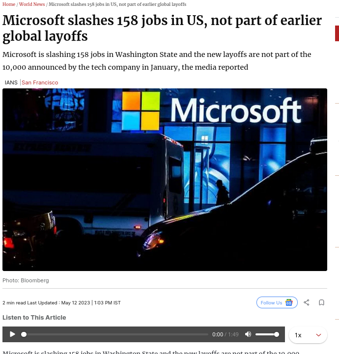 Microsoft slashes 158 jobs in US, not part of earlier global layoffs