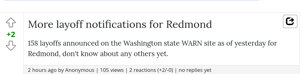 More layoff notifications for Redmond: 158 layoffs announced on the Washington state WARN site as of yesterday for Redmond, don't know about any others yet.