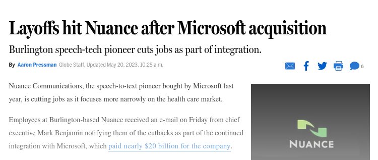 Nuance Communications, the speech-to-text pioneer bought by Microsoft last year, is cutting jobs as it focuses more narrowly on the health care market.