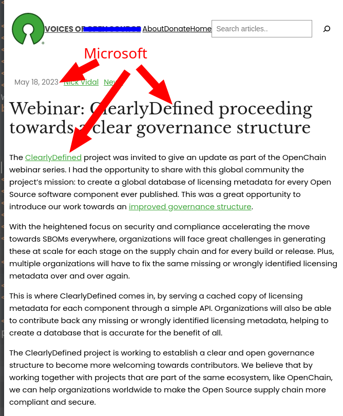 OSI: The ClearlyDefined project was invited to give an update as part of the OpenChain webinar series. I had the opportunity to share with this global community the project's mission: to create a global database of licensing metadata for every Open Source software component ever published