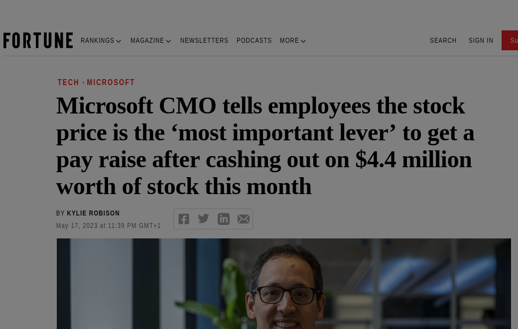 Microsoft CMO tells employees the stock price is the ‘most important lever’ to get a pay raise after cashing out on $4.4 million worth of stock this month