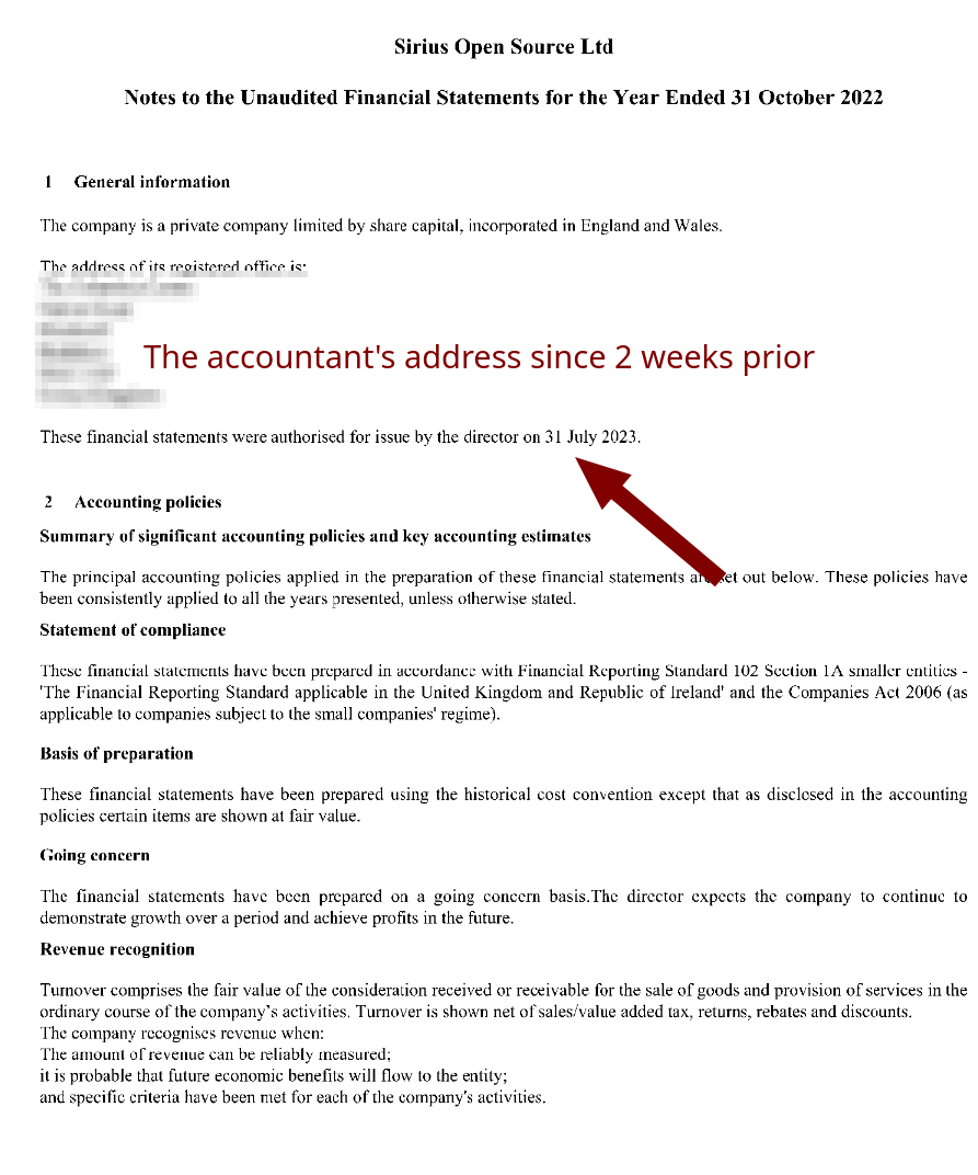 Sirius report for 2022 page 5: The accountant's address since 2 weeks prior