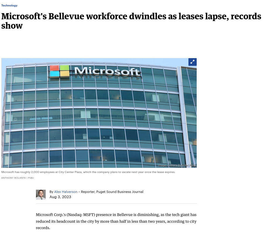 Microsoft's Bellevue workforce dwindles as leases lapse, records show