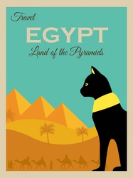 Egypt Travel Poster: Retro, vintage style modern travel poster for Egypt with pyramids, palm trees, camel caravan in silhouette against a blue sky and the cat goddess bastet