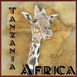 Tanzania Africa Travel Poster: African poster featuring zebra overlay on a vintage map of Africa