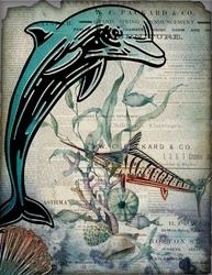 Nautical Porpoise And Fish Vintage: Vintage style newsprint background with overlays of a dolphin, fish, coral, sea urchin and coral