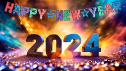 New Year wishes 2024 in 3D on a colorful background