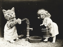 Vintage black and white photo of a kitten, cat dressed in human situation, at water pump, pumping water for doll to collect in bucket, pail