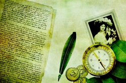 Vintage memories image with old letter, feather pen, photo of lady, money