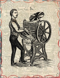Old fashion printing press on vintage newsprint background