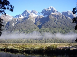 A winters day at Mirror Lakes in the Southern Alps of New Zealand, with low cloud