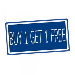 Buy 1 get 1 free white stamp text on blue