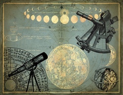 Vintage drawings of planets, maps and antique astronomy instruments