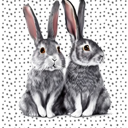 Black and white detailed drawing of two bunnies