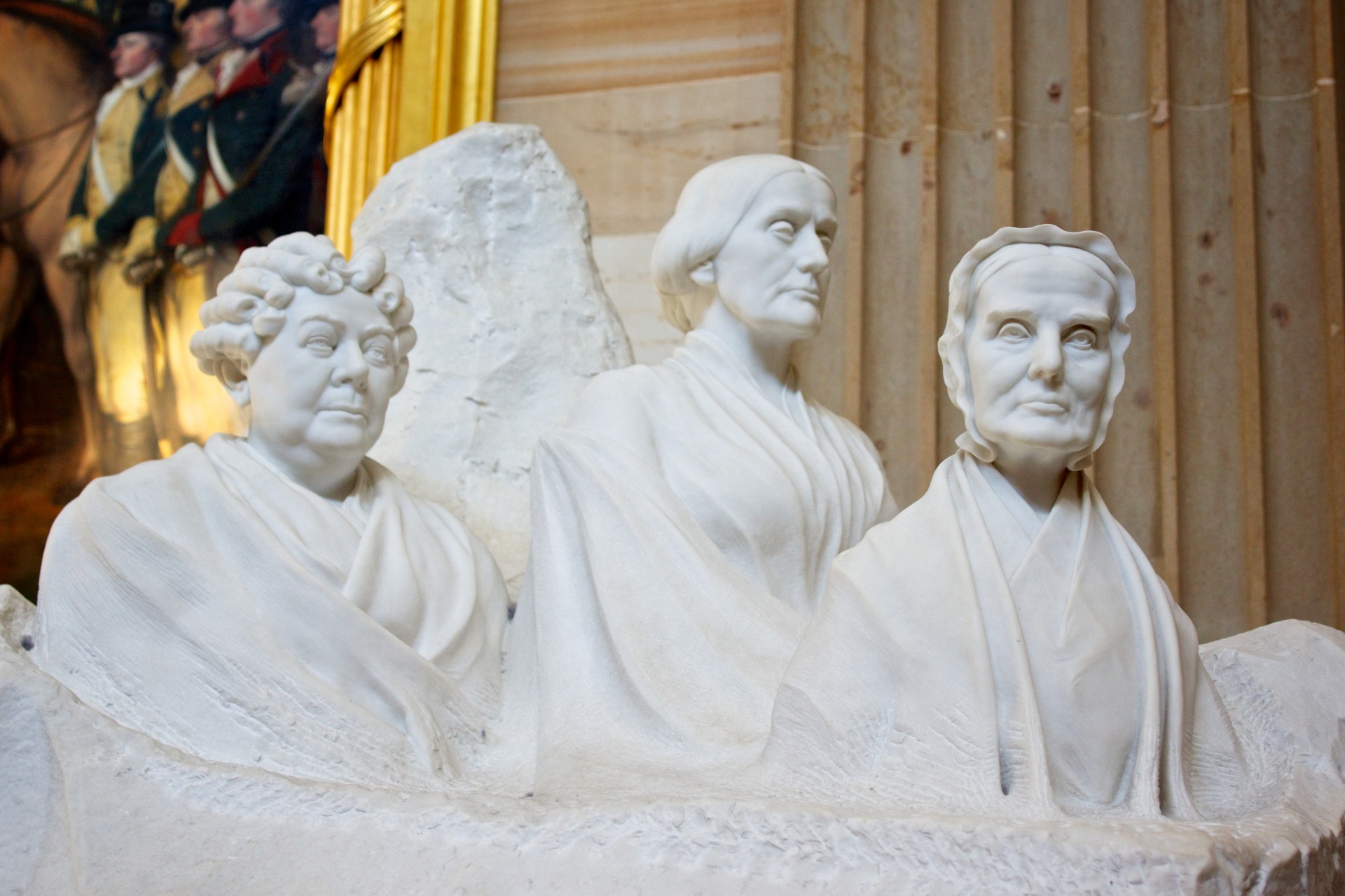 Suffrage and right to vote leaders portrayed in this statue are Lucretia Mott, Elizabeth Cady Stanton, and Susan B. Anthony.