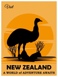 Retro, vintage style yet modern and fresh travel poster for New Zealand