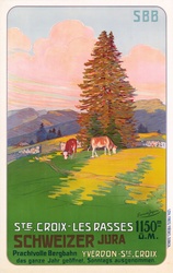 Vintage travel poster for Switzerland, Ste-Croix Les Rasses showing art illustration of the alps, mountains, pasture, cows, trees, wall art, print, card, postcard