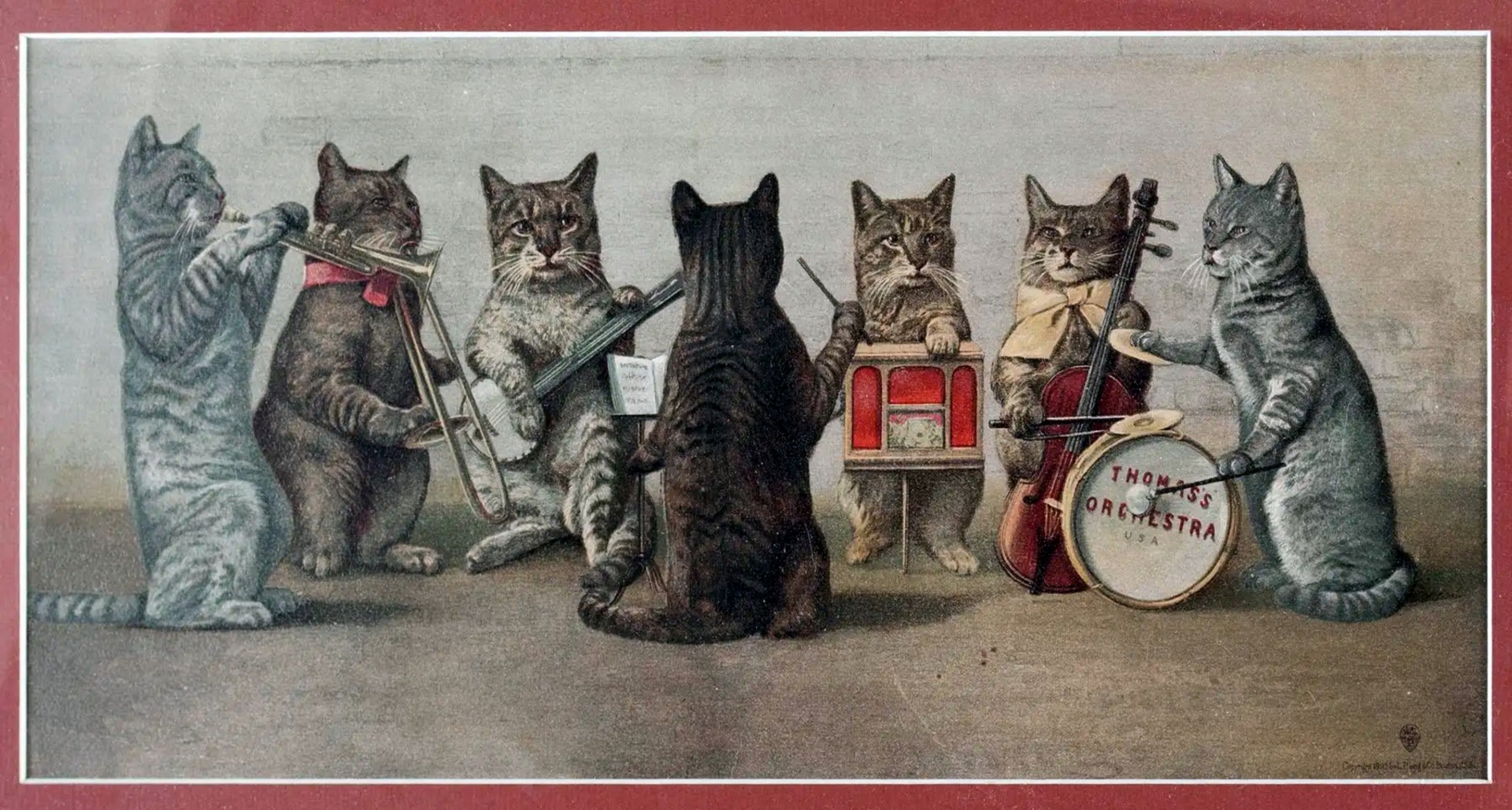 Vintage art paintings playing music cute cats kittens illustration old antique public domain