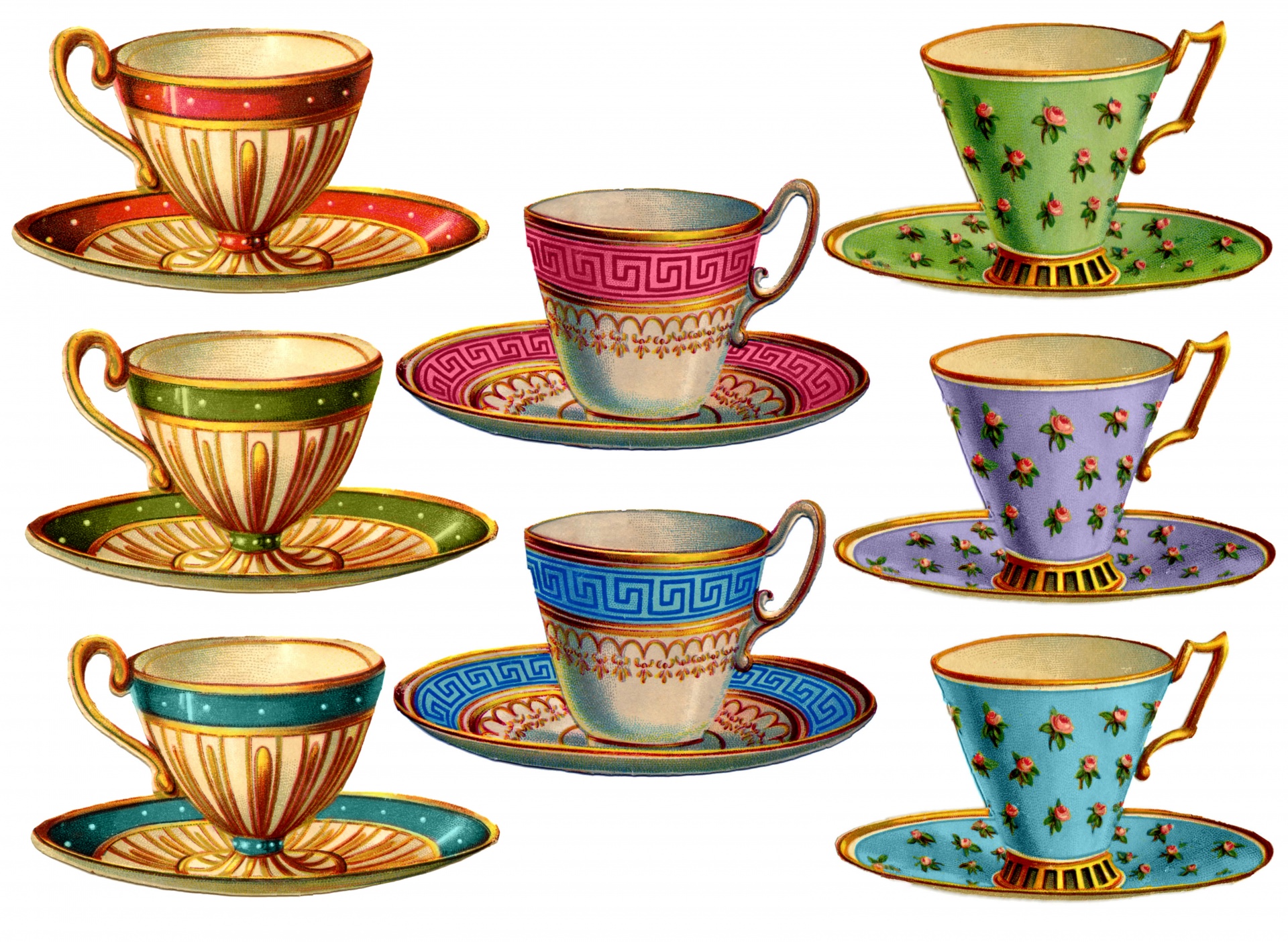 Vintage Tea Coffee Cups Set Clipart Collage