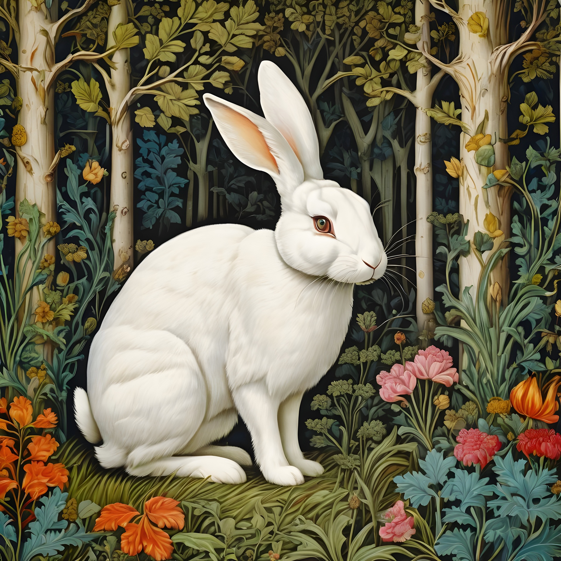 White bunny in the forest and flowers vintage art illustration
