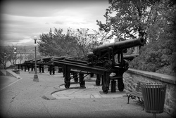 Black and white photo of the cannons in old Quebec city Canada