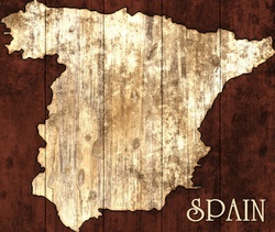 Old and royalty free geographical map of Spain on wooden barrel background with the word SPAIN
