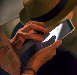 Artistic rendering of older hands on a smartphone