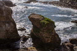 Looking down at a huge boulder with green growth on its top