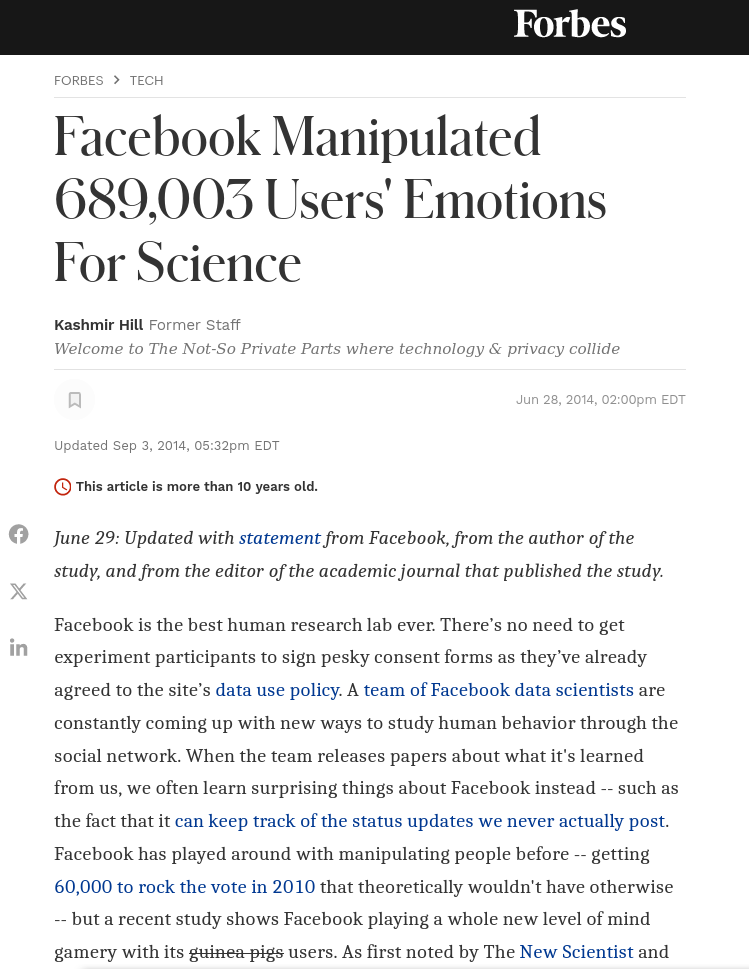 Facebook Manipulated 689,003 Users' Emotions For Science