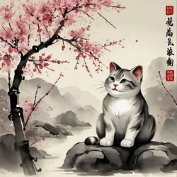 Asian themed illustration of a cat on a rock next to a sakura tree