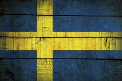 Sweden, Swedish flag painted on old wood plank background