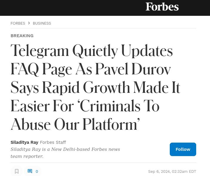 Telegram Quietly Updates FAQ Page As Pavel Durov Says Rapid Growth Made It Easier For ‘Criminals To Abuse Our Platform’