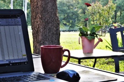 A lap top computer and a cup of coffee, outside on a patio table, with green trees and flowers in the background.