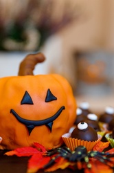 Marzipan pumpkin cake with other Halloween food