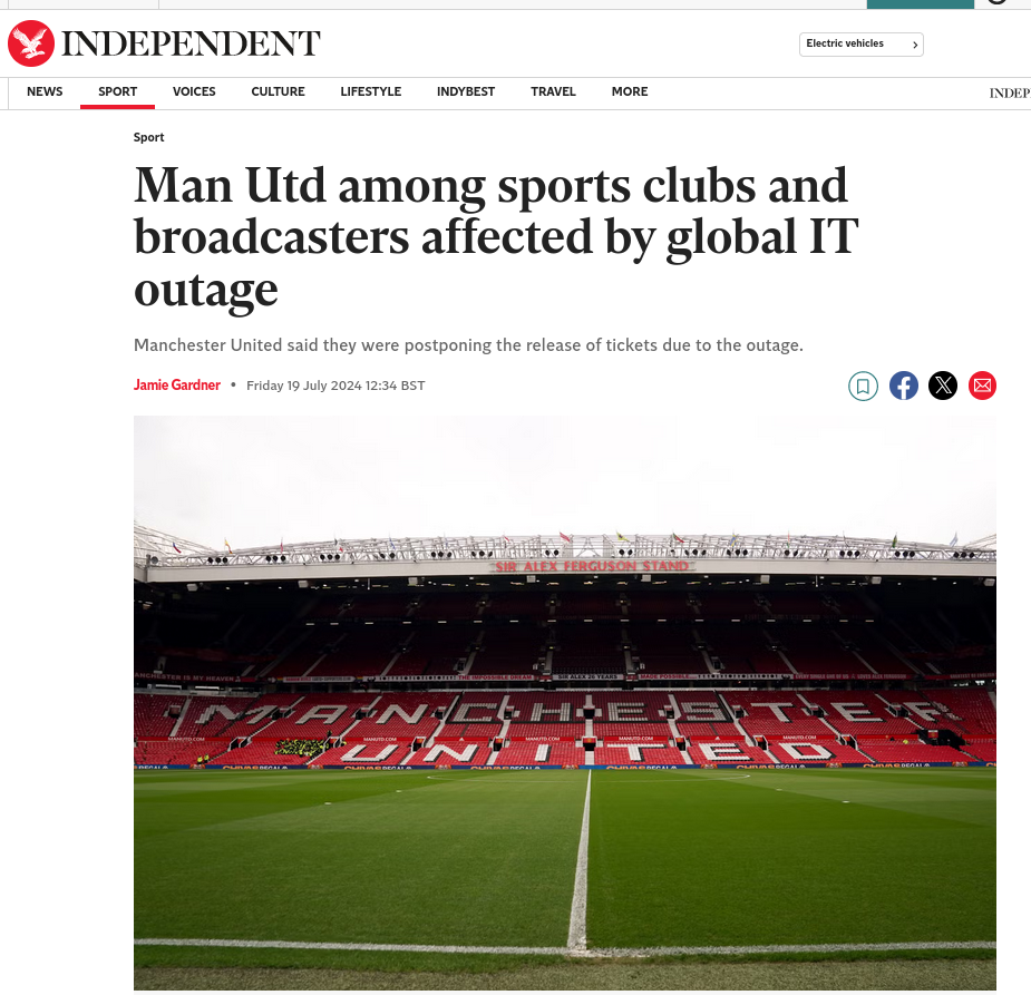 Man Utd among sports clubs and broadcasters affected by global IT outage