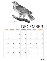 Calendar for December, 2025 with vintage woodcut of a bird