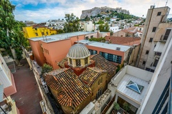 Looking down on a building in cramped quarters