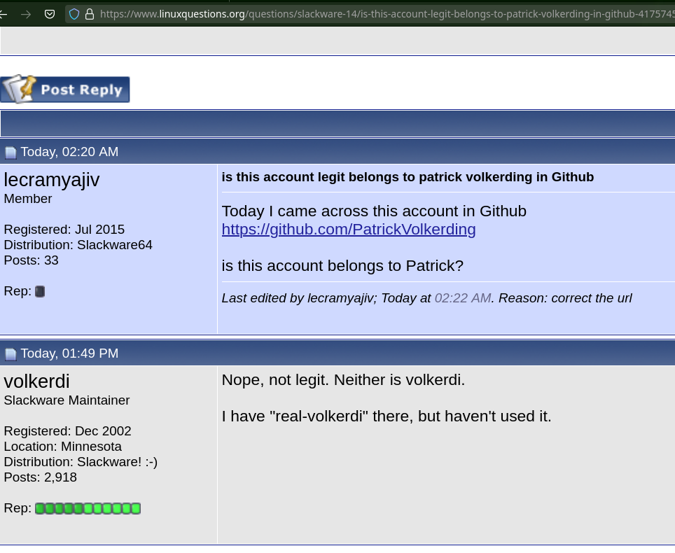  is this account legit belongs to patrick volkerding in Github 