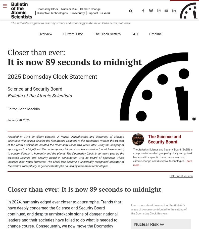 2025 Doomsday Clock Statement: It is now 89 seconds to midnight