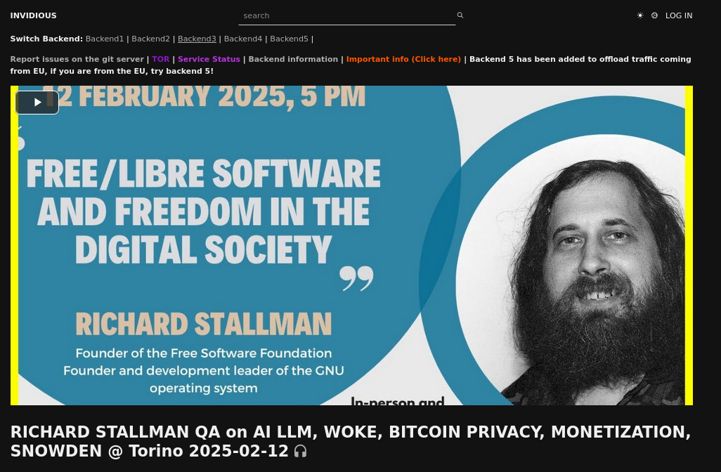 RICHARD STALLMAN QA on AI LLM, WOKE, BITCOIN PRIVACY, MONETIZATION, SNOWDEN @ Torino 2025-02-12