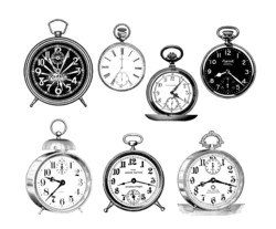 Clocks old vintage illustration collage of several graphics clipart stickers with transparent background png file