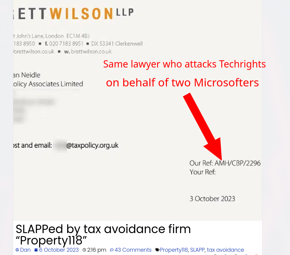 SLAPPed by tax avoidance firm “Property118”; Same lawyer who attacks Techrights on behalf of two Microsofters