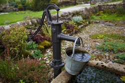 Old water pump with a bucket full of water in one small garden