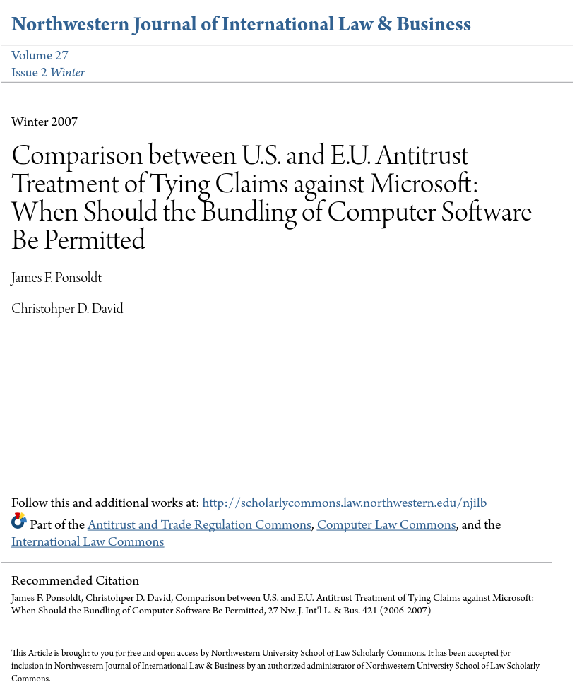 Comparison between U.S. and E.U. Antitrust Treatment of Tying Claims against Microsoft: When Should the Bundling of Computer Software Be Permitted