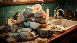 Huge pile of dirty dishes in the sink