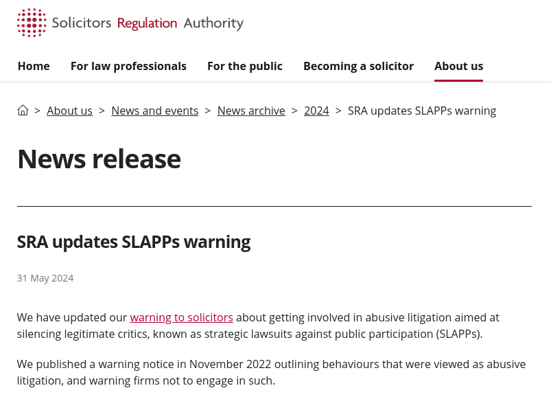 SRA updates SLAPPs warning