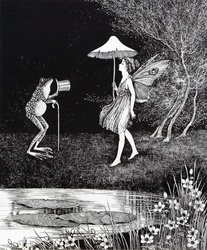 Vintage black and white art illustration of a fairy bridesmaid in fairyland meeting a frog childrens story book by artist Ida Rentoul Outhwaite